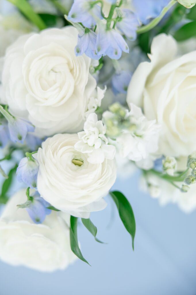 Light and Airy Natural Light Akron Wedding Photographer details of white and blue florals