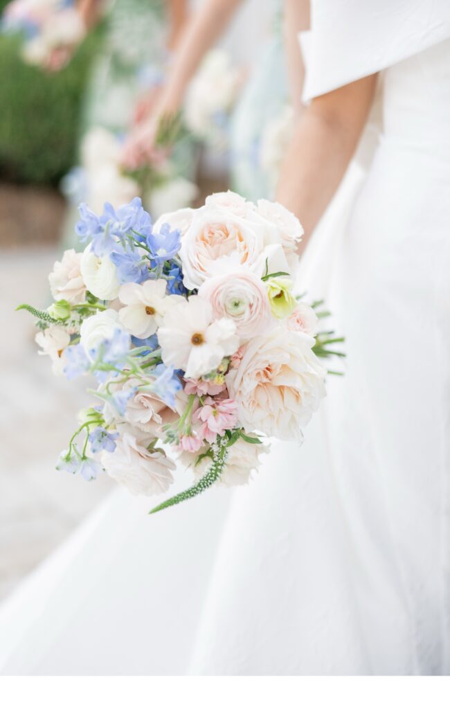 Destination Wedding Photographer Fox Hill Wedding Georgia; blue, white, and pink bouquet