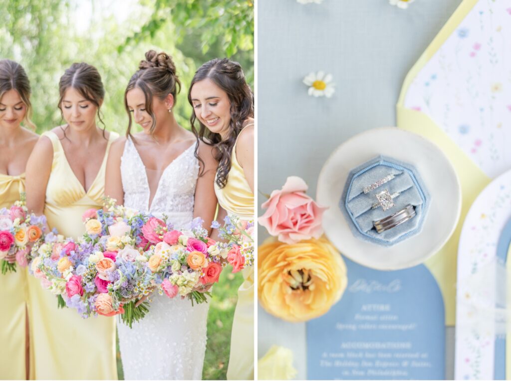 Cleveland Wedding Photographer romantic outdoor Cleveland wedding  bride holding colorful bouquets and bridal details