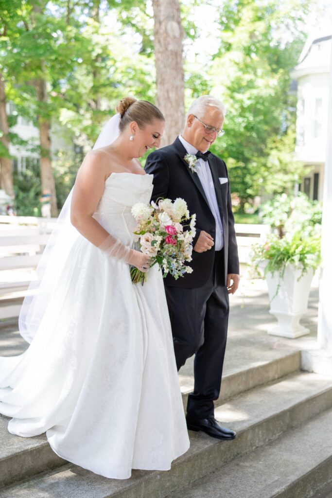 Chautauqua Lake Wedding Photographer Hall of Philosophy wedding ceremony bride and father walking down the aisle