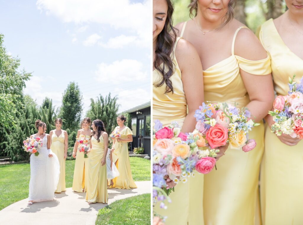 Bridesmaids yellow dresses at a summer wedding in Northeast Ohio