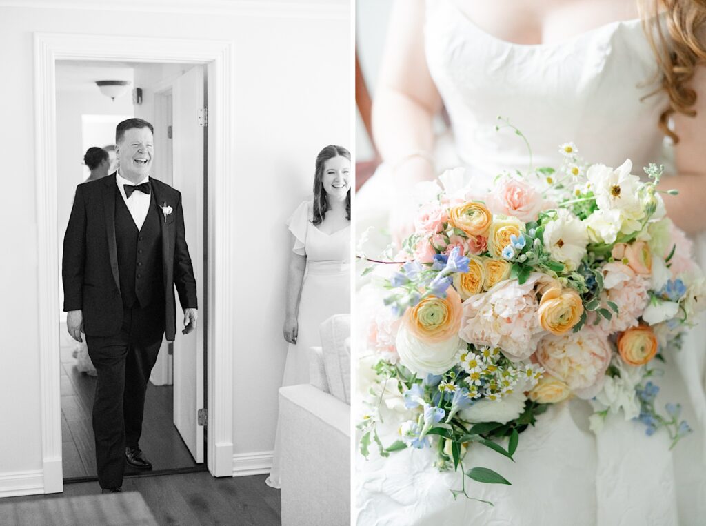 Nikki's Perfect Petals Pastel Wildflower bouquet and Father of the Bride reacting to seeing her for the first time