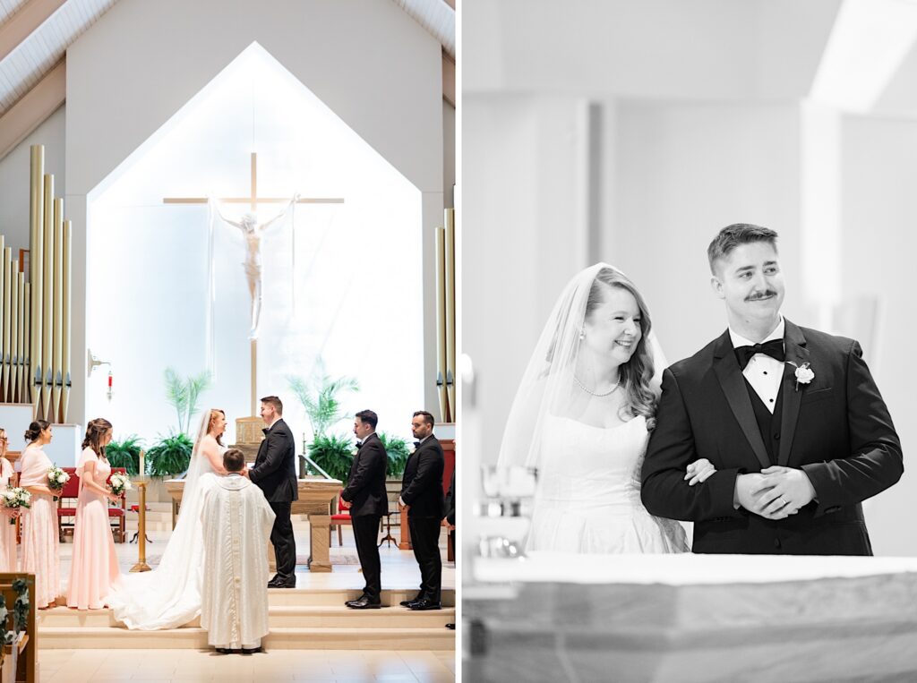 Catholic Wedding Photographer in Hudson Ohio Bride and Groom sharing vows at St Mary's Hudson
