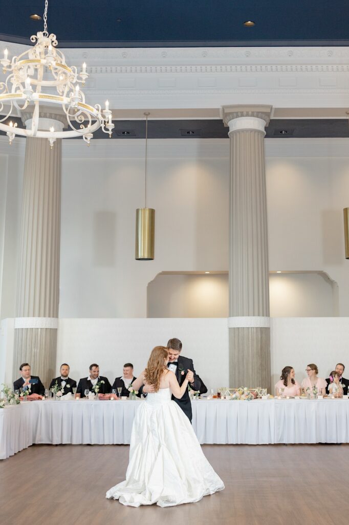 Bride and Groom sharing a first dance at the Bank at East End Wedding Venue in Akron Ohio