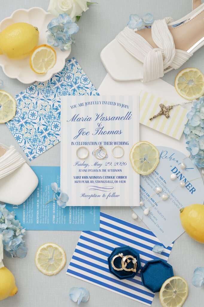 Cleveland Waterfront Wedding Bridal details blue, white, and lemon yellow Amalfi Coast inspired wedding decoration