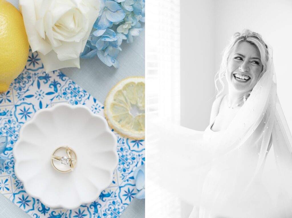Cleveland wedding photographer blue and white bridal details and bride getting ready portraits